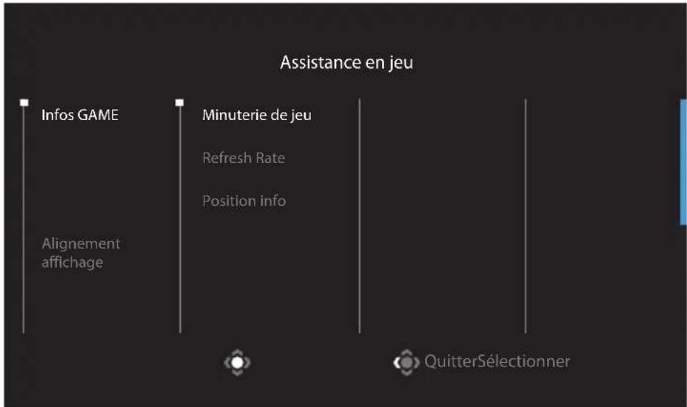 Assistance en jeu Infos GAME Minuterie de jeu Refresh Rate Position info Alignment affichage QuitterSélectionner