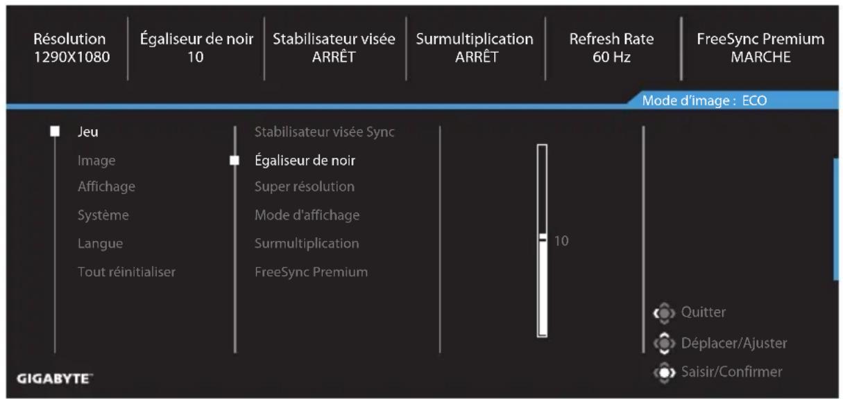 Résolution 1290X1080 Égaliseur de noir 10 Stabilisateur visée ARRÊT Surmultiplication ARRÊT Refresh Rate 60 Hz FreeSync Premium MARCHE Mode d'image : ECO Jeu Image Affichage Système Langue Tout réinitialiser Stabilisateur visée Sync Égaliseur de noir Super résolution Mode d'affichage Surmultiplication FreeSync Premium 10 Quitter Déplacer/Ajuster Saisir/Confirmer GIGABYTE™