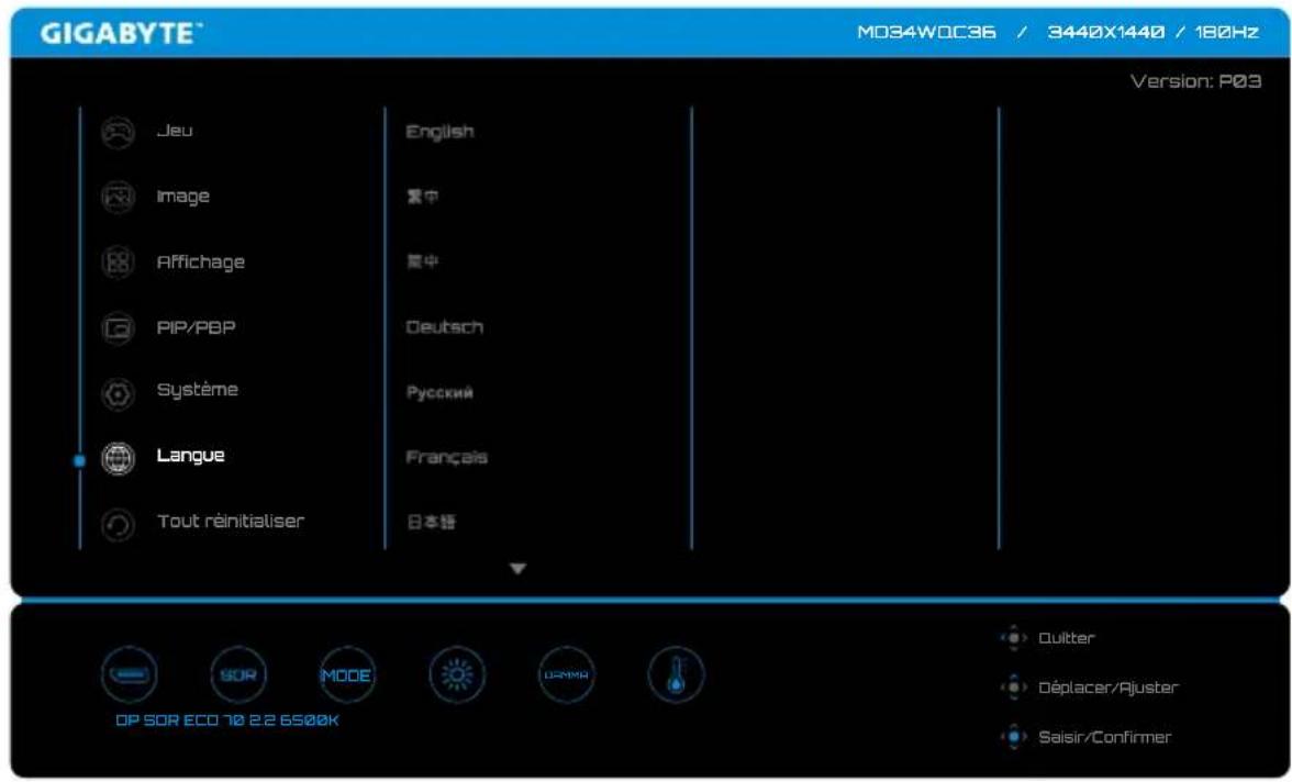 GIGABYTE MD34W0C36 / 3440X1440 / 180Hz Version: P03 Jeu Image Affichage PIP/PBP Système Langue Tout réinitialiser English 集中 集中 Deutsch Русский Français 日本語 OP SOR ECO 70 2.2 6500K Quilter Déplacer/Ajuster Saisir/Confirmer