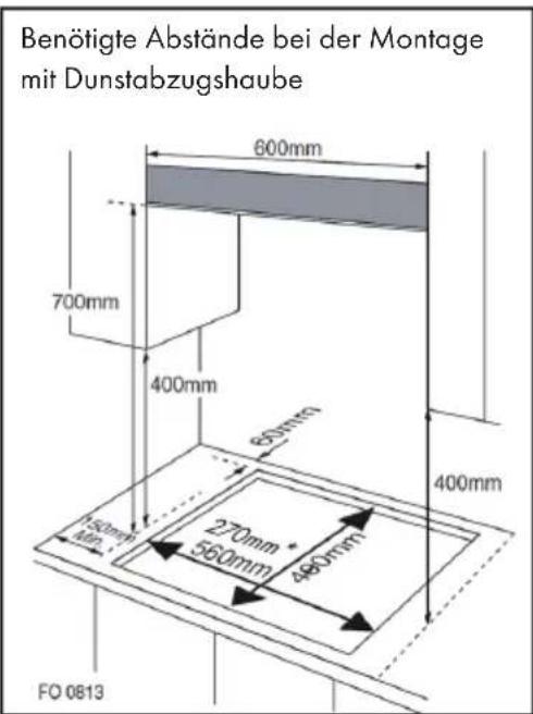 Benötigte Abstände bei der Montage mit Dunstabzugshaube 600mm 700mm 400mm 60mm 400mm 150mm 270mm 560mm 480mm FO 0813