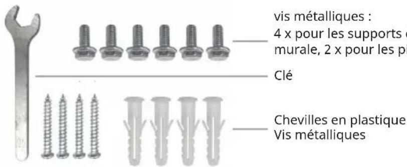 vis métalliques : 4 x pour les supports d murale, 2 x pour les pi Clé Chevilles en plastique Vis métalliques