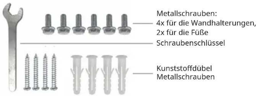 Metallschrauben: 4x für die Wandhalterungen, 2x für die Füße Schraubenschlüssel Kunststoffdübel Metallschrauben