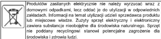 Produktów zasilanych elektrycznie nie należy wyrzucać wraz z domowymi odpadkami, lecz oddać je do utylizacji w odpowiednich zakładach. Informacji na temat utylizacji udzieli sprzedawca produktu lub miejscowe władze. Zużyty sprzęt elektryczny i elektroniczny zawiera substancje nieobojętne dla środowiska naturalnego. Sprzęt nie poddany recyclingowi stanowi potencjalne zagrożenie dla środowiska i zdrowia ludzi.