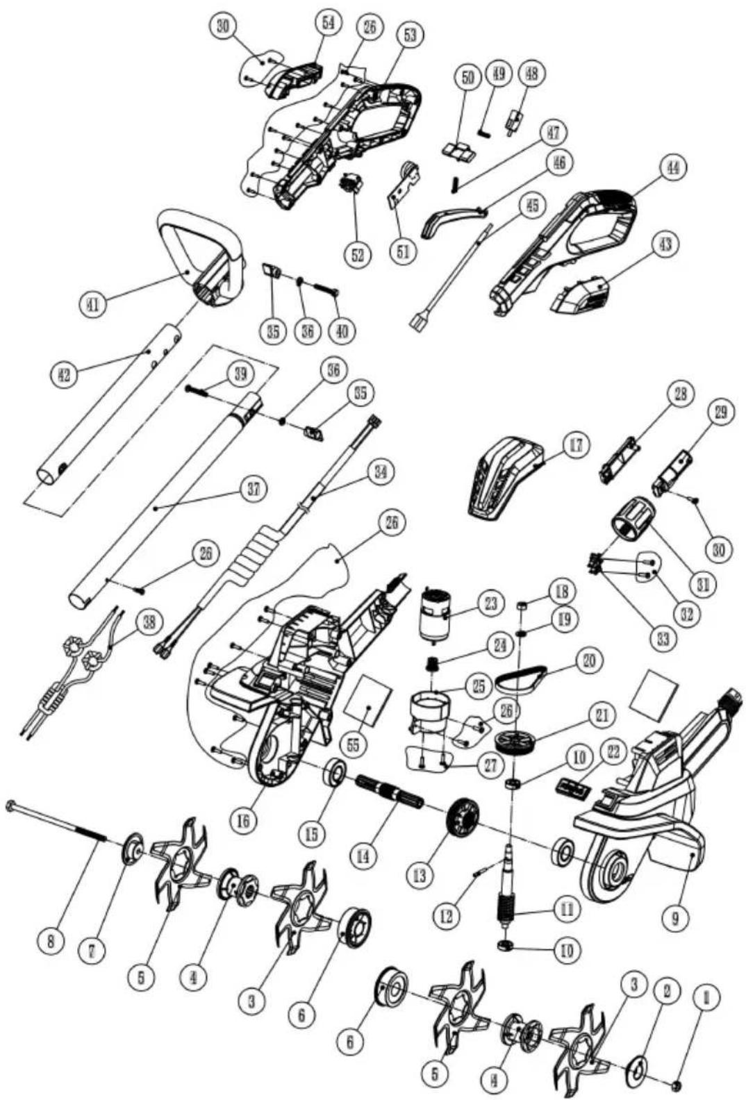 Exploded view diagram of a cleaning or mechanical device with numbered parts for identification