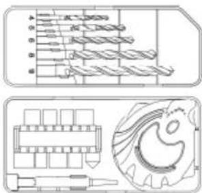 Technical diagram showing exploded and assembled views of a drill bit with labeled components and a gear mechanism illustration.