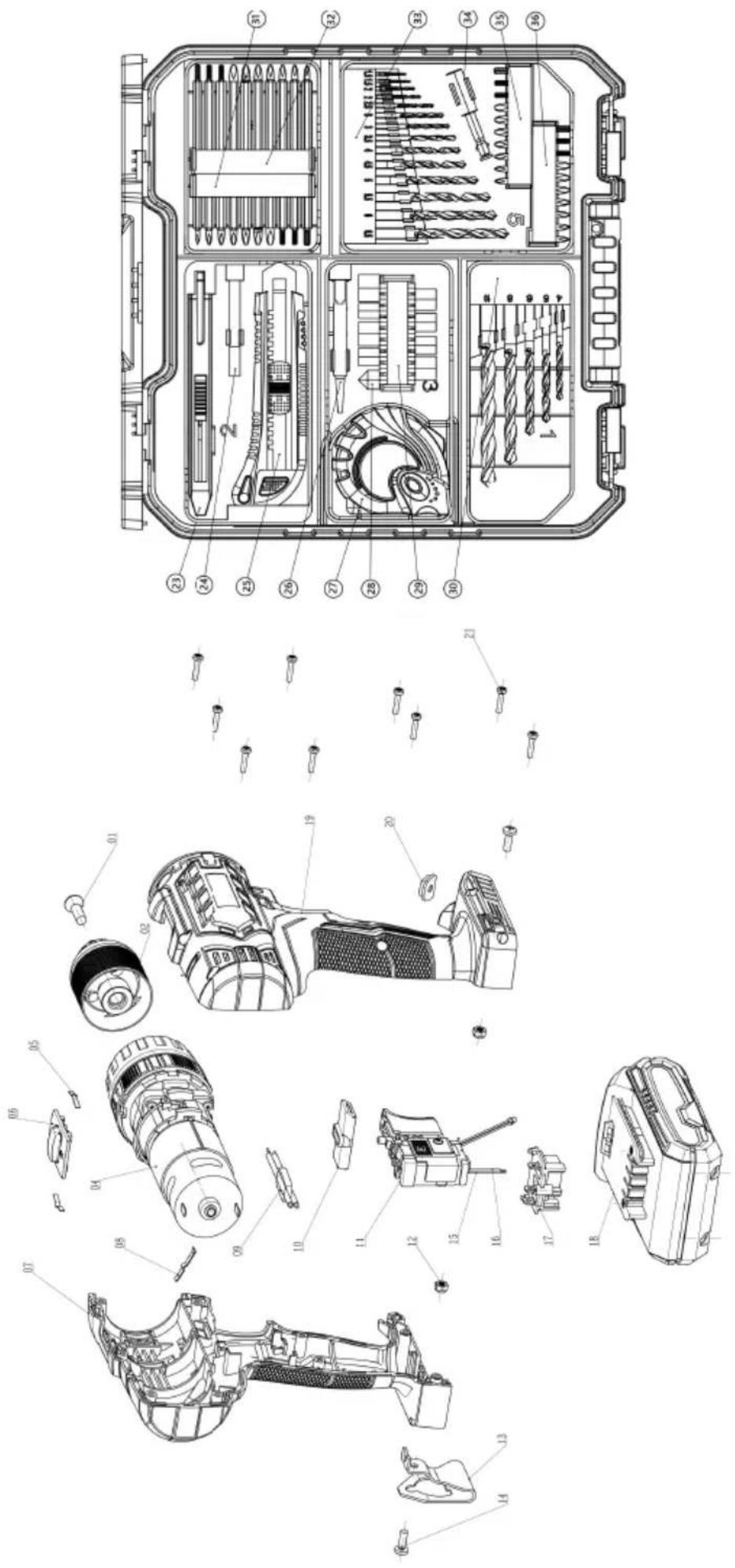 Technical diagram of a drill bit with exploded view and component labels in Chinese