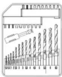 Technical diagram of a drill bit with labeled drill bit positions and corresponding tool illustrations