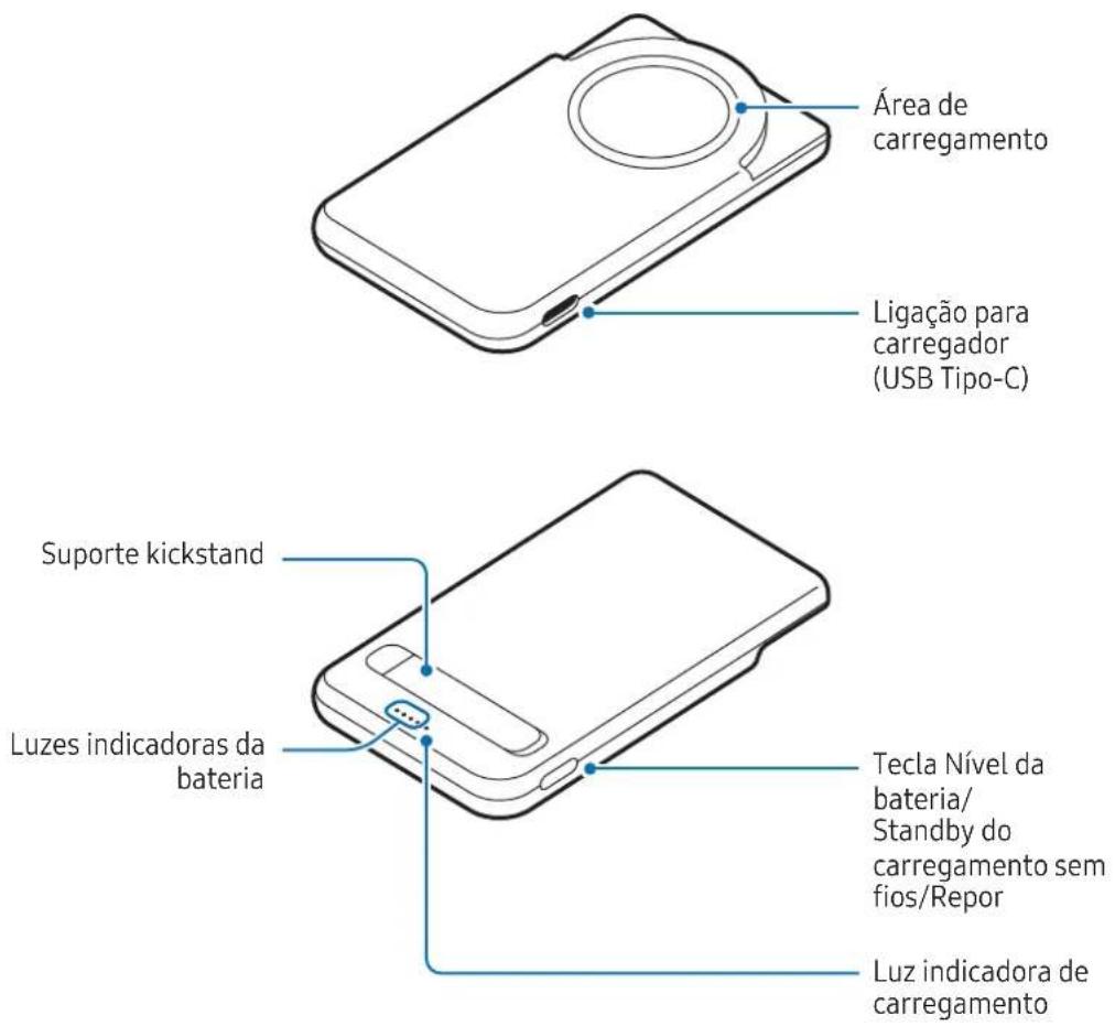 Área de carregamento Ligação para carregador (USB Tipo-C) Suporte kickstand Luzes indicadoras da bateria Tecla Nível da bateria/ Standby do carregamento sem fios/Repor Luz indicadora de carregamento