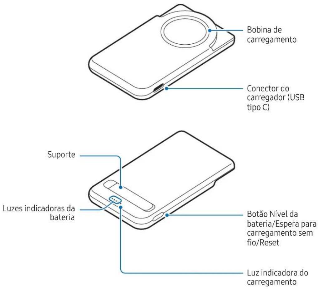 Bobina de carregamento Conector do carregador (USB tipo C) Suporte Luzes indicadoras da bateria Botão Nível da bateria/Espera para carregamento sem fio/Reset Luz indicadora do carregamento