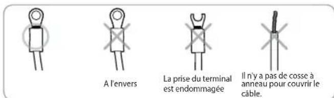 A l'envers La prise du terminal est endommagée Il n'y a pas de cosse à anneau pour couvrir le câble.