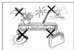 Illustration showing a device with warning symbols and icons, including a sun, umbrella, and a bag, suggesting safety or hazard.