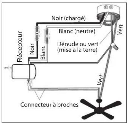 Récepteur Noir Blanc Noir (chargé) Blanc (neutre) Dénudé ou vert (mise à la terre) Vert Vert Connecteur à broches