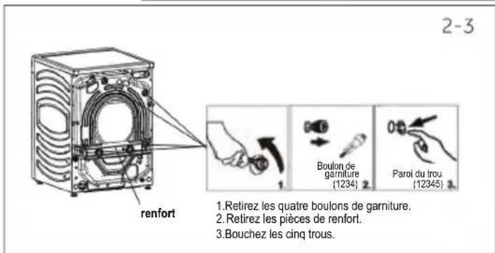 2-3 renfort 1. Retirez les quatre boulons de garniture. 2. Retirez les pièces de renfort. 3. Bouchez les cinq trous.