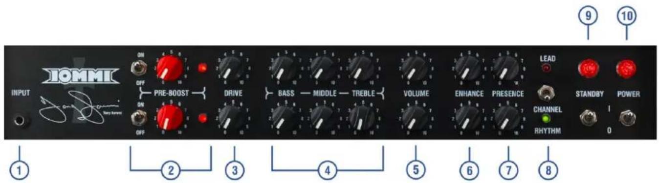 JOMMI INPUT ON OFF PRE-BOOST DRIVE BASS — MIDDLE — TREBLE VOLUME ENHANCE PRESENCE LEAD STANDBY POWER RHYTHM 1 2 3 4 5 6 7 8 9 10