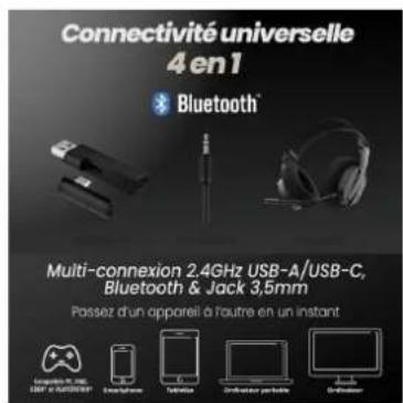 Connectivité universelle 4 en 1 Bluetooth™ Multi-connexion 2.4GHz USB-A/USB-C, Bluetooth & Jack 3.5mm Passez d'un appareil à l'autre en un instant