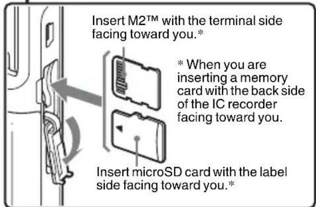 Insert M2™ with the terminal side facing toward you.* * When you are inserting a memory card with the back side of the IC recorder facing toward you. * Insert microSD card with the label side facing toward you. *