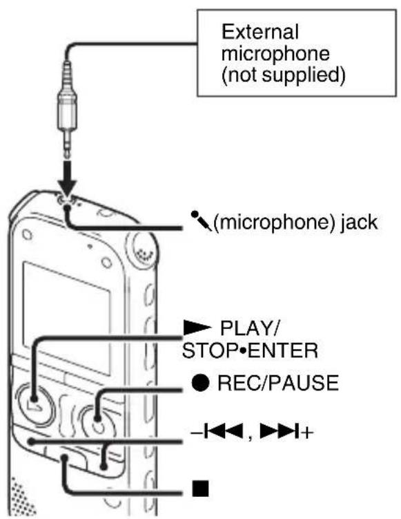 External microphone (not supplied) (microphone) jack PLAY/ STOP•ENTER REC/PAUSE -◀◀, ▶▶▶I+