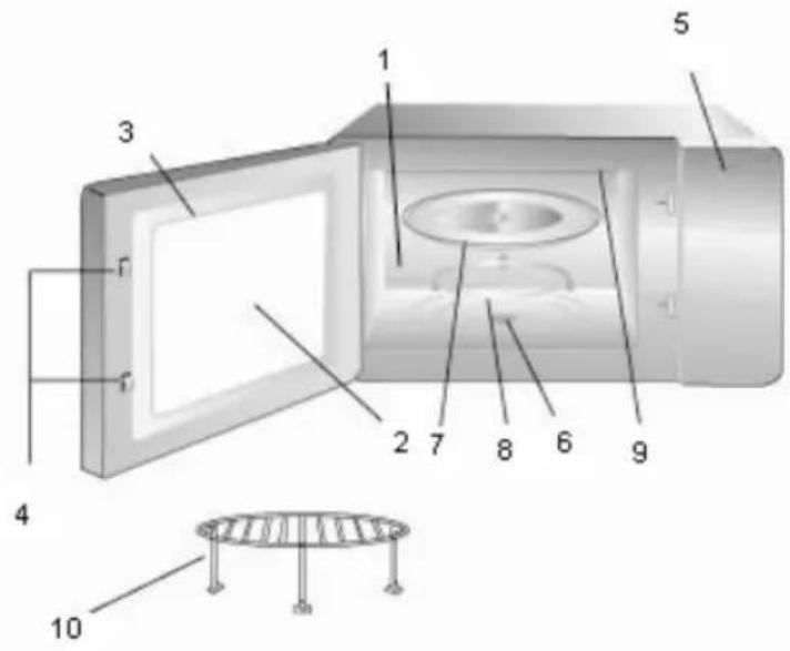 Technical diagram of a mechanical device with numbered components and a separate view labeled 10.