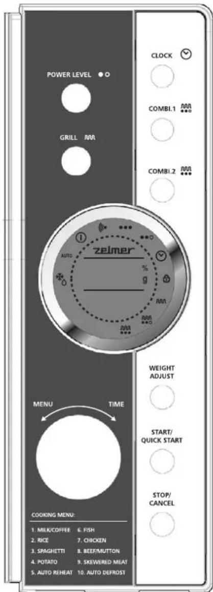 POWER LEVEL GRILL WR CLOCK COMBI.1 WR COMBI.2 WR zeimer AUTO AUTO DEFROST MEAN TIME COOKING MENU: 1. MILK/COFFEE 6. FISH 2. RICE 7. CHICKEN 3. SPAGHETTI 8. BEEF/MUTTON 4. POTATO 9. SKEWERED MEAT 5. AUTO REHEAT 10. AUTO DEFROST WEIGHT ADJUST START/ QUICK START STOP/ CANCEL