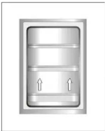 Pure diagram of a rectangular container with three horizontal bands and two upward arrows inside, no text or symbols present.