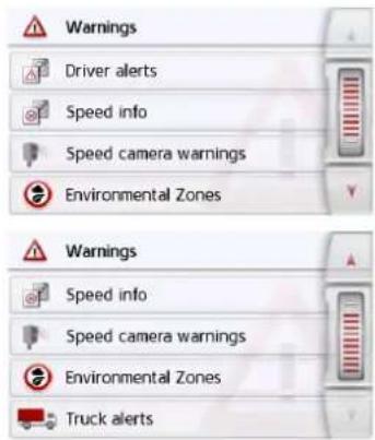 Warnings Driver alerts Speed info Speed camera warnings Environmental Zones Warnings Speed info Speed camera warnings Environmental Zones Truck alerts