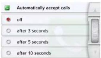 Automatically accept calls off after 3 seconds after 5 seconds after 10 seconds