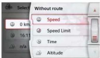 Select 0 km 16:11 n/a Without route Speed Speed Limit Time Altitude