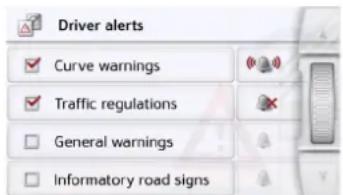 Driver alerts ✓ Curve warnings ✓ Traffic regulations □ General warnings □ Informatory road signs