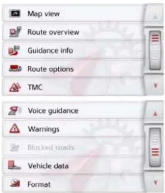 Map view Route overview Guidance info Route options TMC Voice guidance Warnings Blocked roads Vehicle data Format