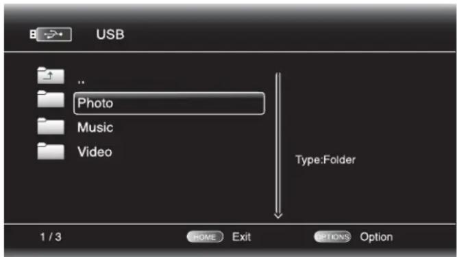 USB .. Photo Music Video Type:Folder 1 / 3 HOME Exit OPTIONS Option