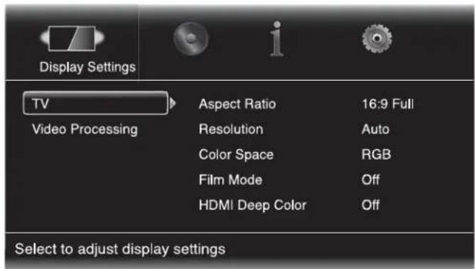 Display Settings TV Aspect Ratio 16:9 Full Video Processing Resolution Auto Color Space RGB Film Mode Off HDMI Deep Color Off Select to adjust display settings
