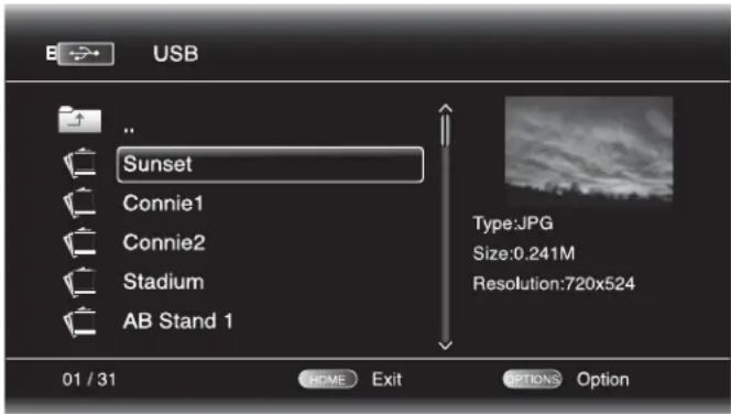 USB .. Sunset Connie1 Connie2 Stadium AB Stand 1 01 / 31 Type:JPG Size:0.241M Resolution:720x524 HOME Exit OPTIONS Option