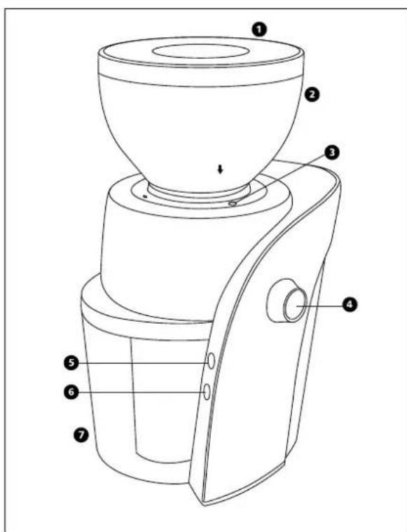 Technical diagram of a coffee maker with numbered parts labeled 1 through 7