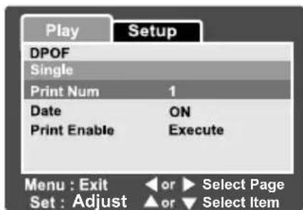 Play Setup DPOF Single Print Num 1 Date ON Print Enable Execute Menu : Exit ▲ or ▶ Select Page Set : Adjust ▲ or ▼ Select Item