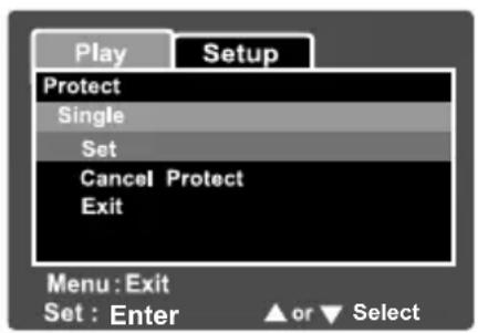 Play Setup Protect Single Set Cancel Protect Exit Menu : Exit Set : Enter ▲ or ▼ Select