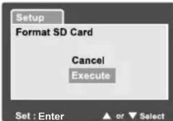 Setup Format SD Card Cancel Execute Set : Enter ▲ or ▼ Select