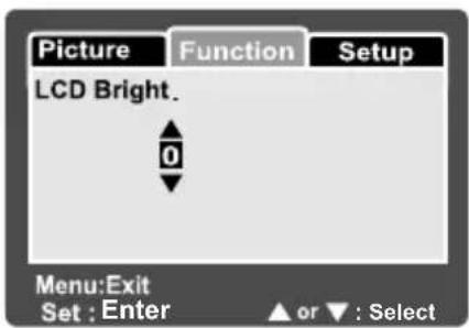 Picture Function Setup LCD Bright. 0 Menu:Exit Set : Enter ▲ or ▼ : Select