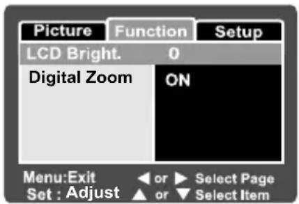 Picture Function Setup LCD Bright. 0 Digital Zoom ON Menu:Exit or ▶ Select Page Set : Adjust ▲ or ▼ Select Item