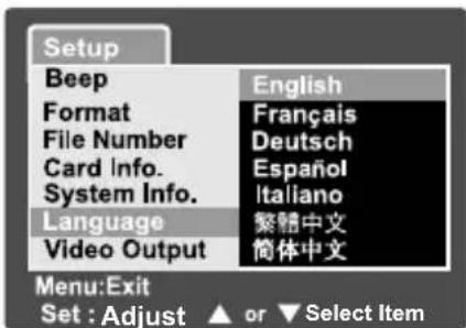Setup Beep English Format Français File Number Deutsch Card Info.Español System Info.Italiano Language 繁體中文 Video Output 簡体中文 Menu:Exit Set : Adjust ▲ or ▼ Select Item