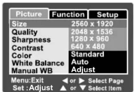 Picture Function Setup Size 2560 x 1920 Quality 2048 x 1536 Sharpness 1280 x 960 Contrast 640 x 480 Color Standard White Balance Auto Manual WB Adjust Menu:Exit ← or ▶ Select Page Set :Adjust ← or ▼ Select Item