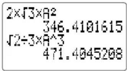 2×√3×R² 346.4101615 √2÷3×R^3 471.4045208