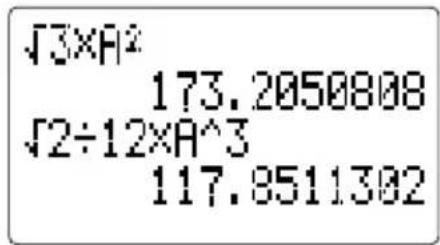 √3×A² 173.2050808 √2÷12×A^3 117.8511302