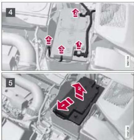 Technical diagram showing labeled components of an automotive engine, with numbered annotations and red arrows indicating flow or movement.