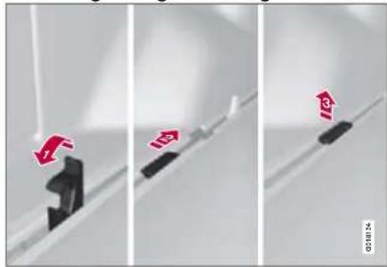 Three-panel diagram showing mechanical assembly steps with red arrows indicating motion direction and labels like '1', '2', and '3'.