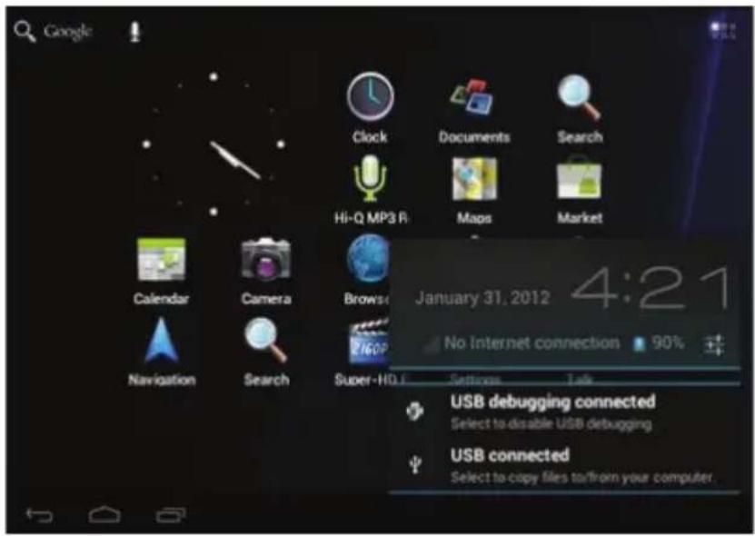 Google Clock Documents Search Hi-Q MP3 R Maps Market Calendar Camera Browse January 31, 2012 4:21 No Internet connection 90% Navigation Search Super-HO.E Settings Talk USB debugging connected Select to disable USB debugging. USB connected Select to copy files to/from your computer.