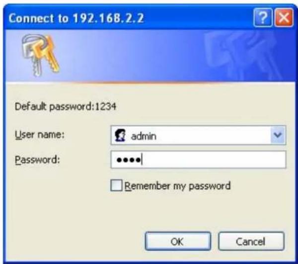 Connect to 192.168.2.2 Default password:1234 User name: admin Password: ••••• Remember my password OK Cancel