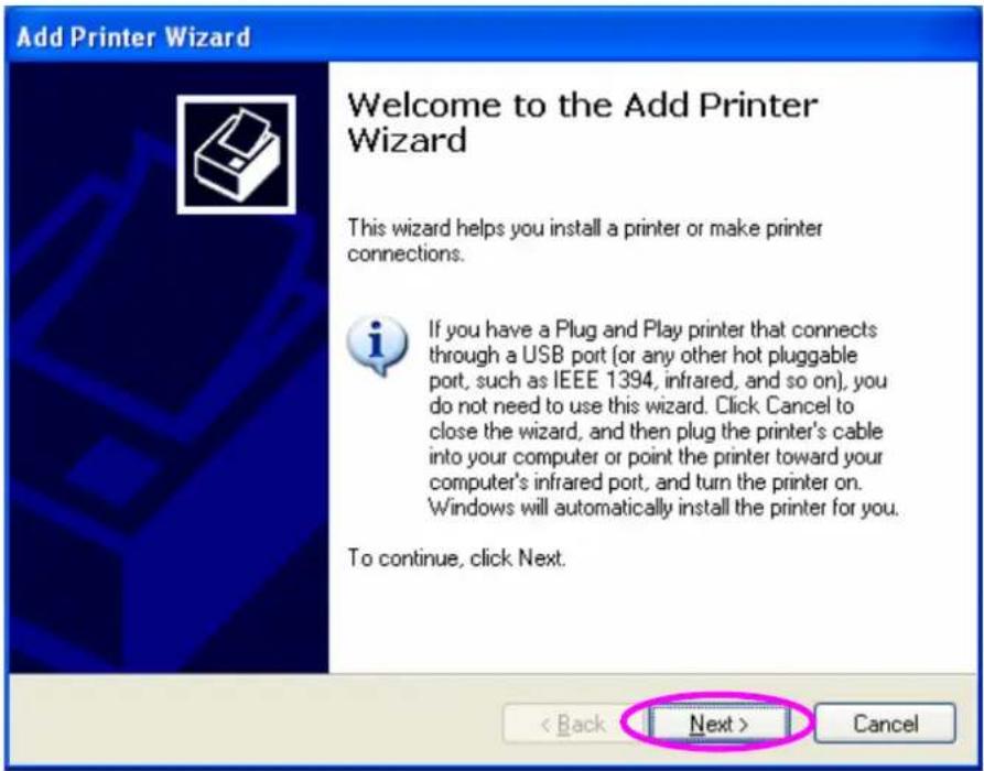 Add Printer Wizard Welcome to the Add Printer Wizard This wizard helps you install a printer or make printer connections. If you have a Plug and Play printer that connects through a USB port (or any other hot pluggable port, such as IEEE 1394, infrared, and so on), you do not need to use this wizard. Click Cancel to close the wizard, and then plug the printer's cable into your computer or point the printer toward your computer's infrared port, and turn the printer on. 'Windows will automatically install the printer for you. To continue, click Next. < Back Next > Cancel