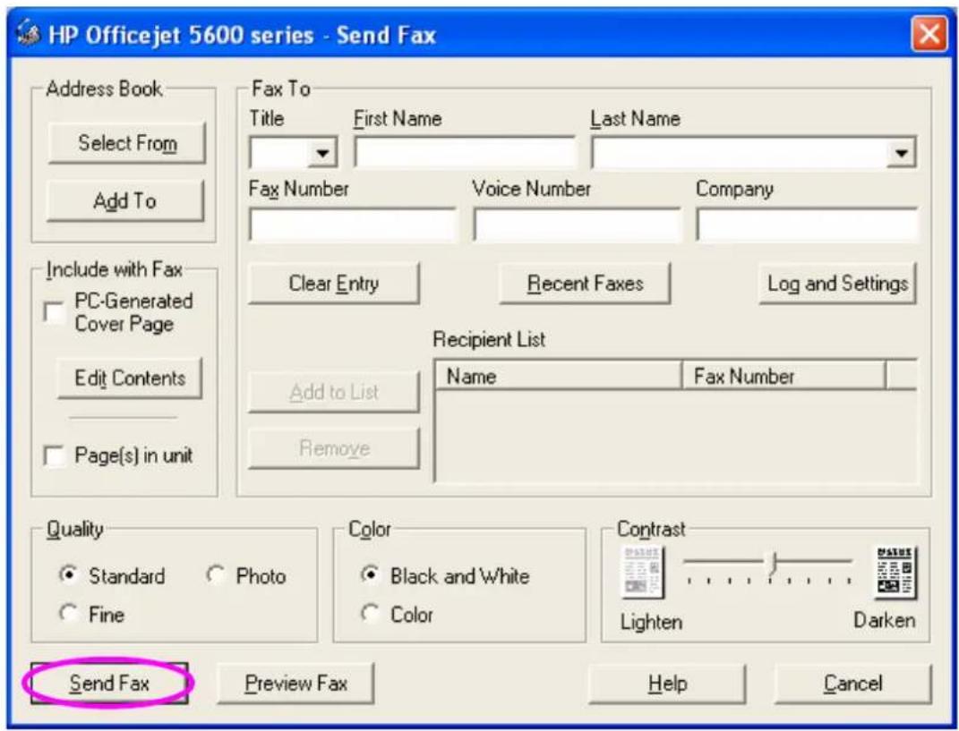 HP Officejet 5600 series - Send Fax Address Book Select From Add To Include with Fax PC-Generated Cover Page Edit Contents Page(s) in unit Fax To Title First Name Last Name Fax Number Voice Number Company Clear Entry Recent Faxes Log and Settings Recipient List Add to List Name Fax Number Remove Quality Standard Photo Fine Color Black and White Color Contrast Lighten Darken Send Fax Preview Fax Help Cancel