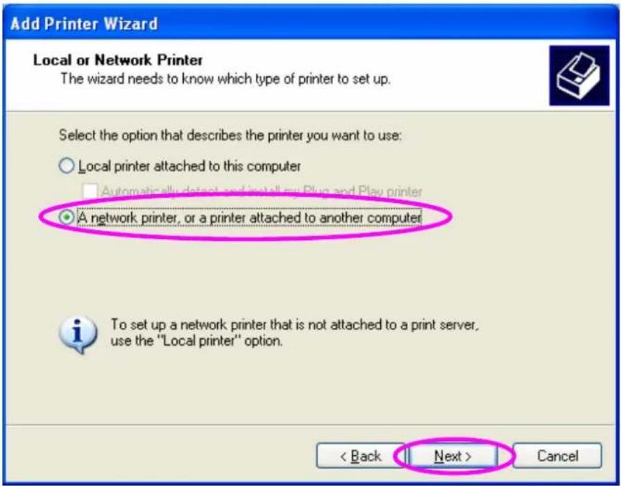 Add Printer Wizard Local or Network Printer The wizard needs to know which type of printer to set up. Select the option that describes the printer you want to use: ○ Local printer attached to this computer □ Automatically detect and install any Plug and Play printer ● A network printer, or a printer attached to another computer To set up a network printer that is not attached to a print server, use the "Local printer" option. < Back Next > Cancel