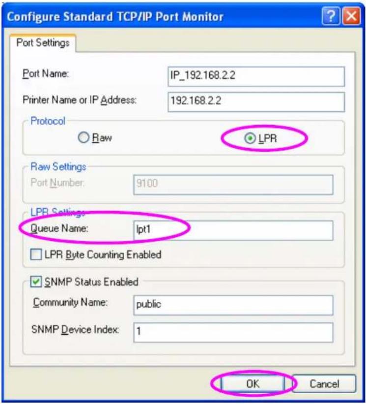 Configure Standard TCP/IP Port Monitor Port Settings Port Name: IP_192.168.2.2 Printer Name or IP Address: 192.168.2.2 Protocol Raw LPR Raw Settings Port Number: 9100 LPR Settings Queue Name: lpt1 LPR Byte Counting Enabled SNMP Status Enabled Community Name: public SNMP Device Index: 1 OK Cancel